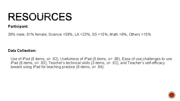 Participant: 39% male, 61% female; Science =39%, LA =23%, SS =15%, Math =8%, Others