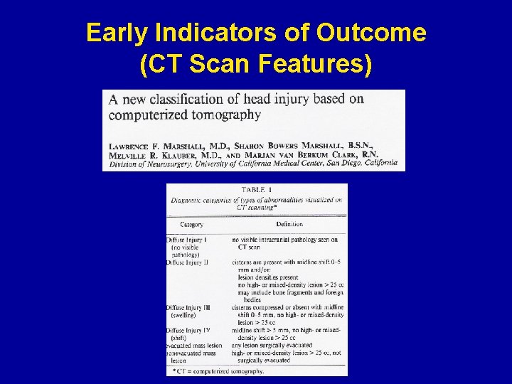 Early Indicators of Outcome (CT Scan Features) 