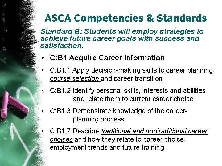 ASCA Competencies & Standards Standard B: Students will employ strategies to achieve future career