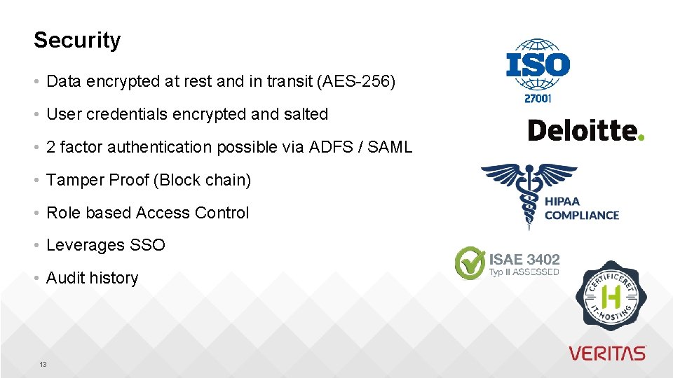 Security • Data encrypted at rest and in transit (AES-256) • User credentials encrypted