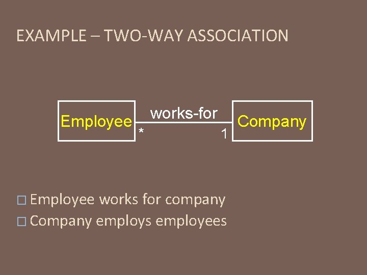 EXAMPLE – TWO-WAY ASSOCIATION Employee � Employee works-for * 1 works for company �