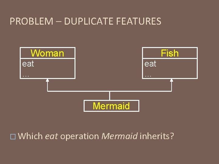 PROBLEM – DUPLICATE FEATURES Woman Fish eat … Mermaid � Which eat operation Mermaid