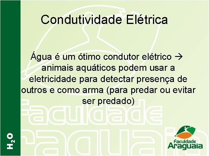 Condutividade Elétrica H 2 O Água é um ótimo condutor elétrico animais aquáticos podem