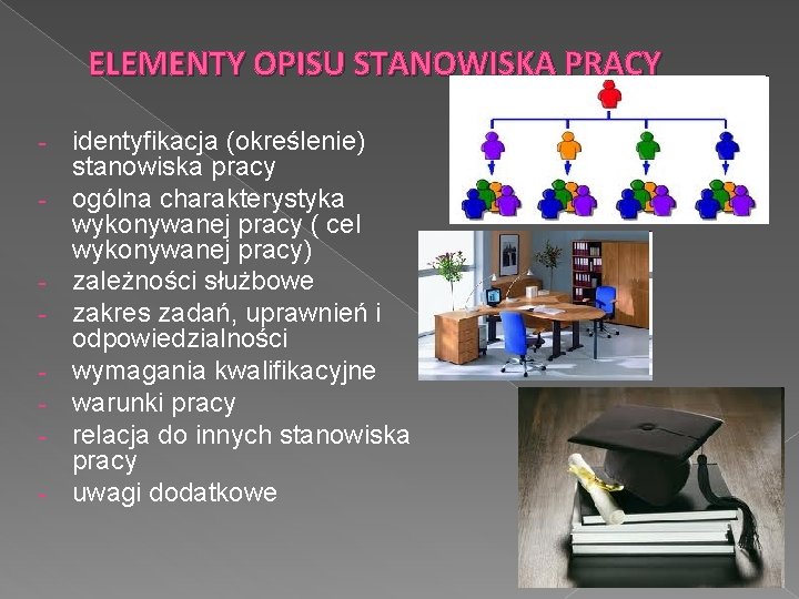 ELEMENTY OPISU STANOWISKA PRACY - - identyfikacja (określenie) stanowiska pracy ogólna charakterystyka wykonywanej pracy