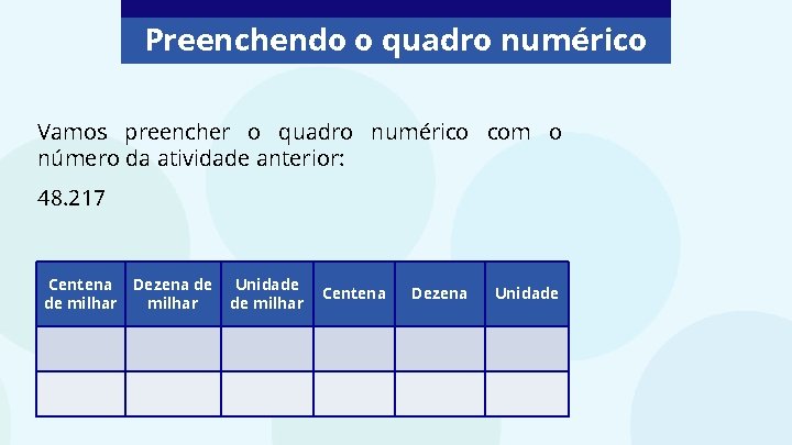 Preenchendo o quadro numérico Vamos preencher o quadro numérico com o número da atividade