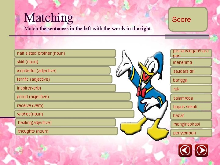 Matching Score Match the sentences in the left with the words in the right.