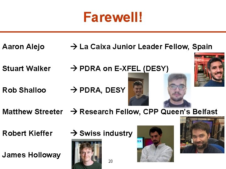 Farewell! Aaron Alejo La Caixa Junior Leader Fellow, Spain Stuart Walker PDRA on E-XFEL