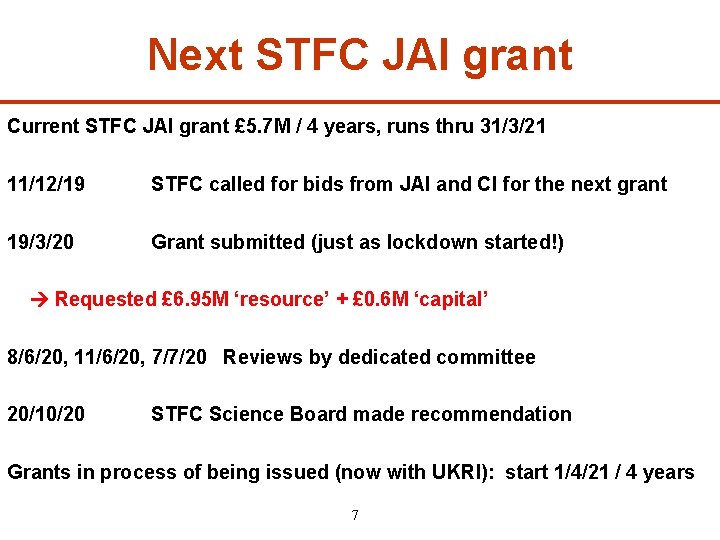 Next STFC JAI grant Current STFC JAI grant £ 5. 7 M / 4