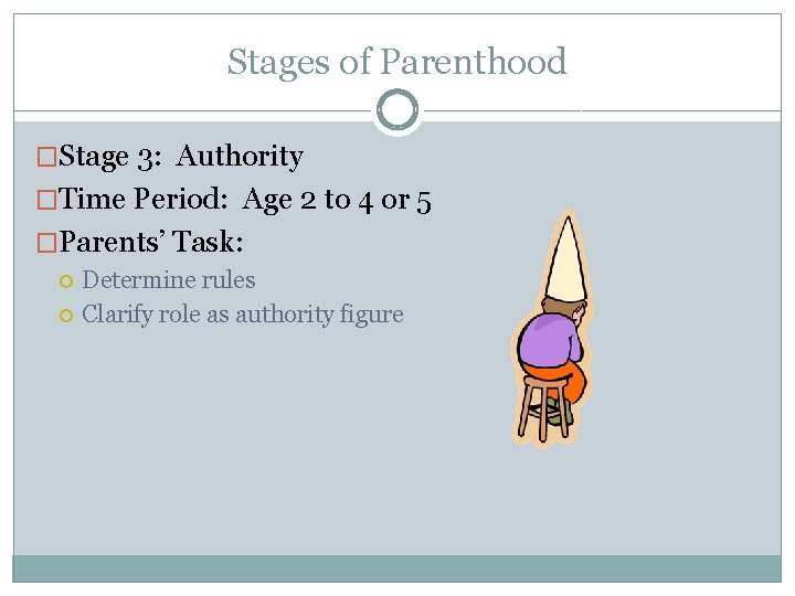 Stages of Parenthood �Stage 3: Authority �Time Period: Age 2 to 4 or 5