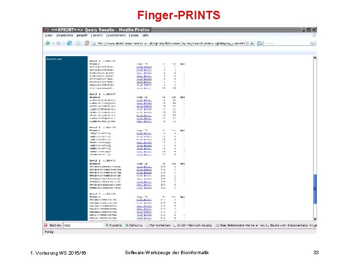 Finger-PRINTS 1. Vorlesung WS 2015/16 Software-Werkzeuge der Bioinformatik 33 