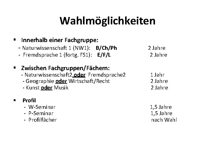 Wahlmöglichkeiten § Innerhalb einer Fachgruppe: - Naturwissenschaft 1 (NW 1): B/Ch/Ph - Fremdsprache 1