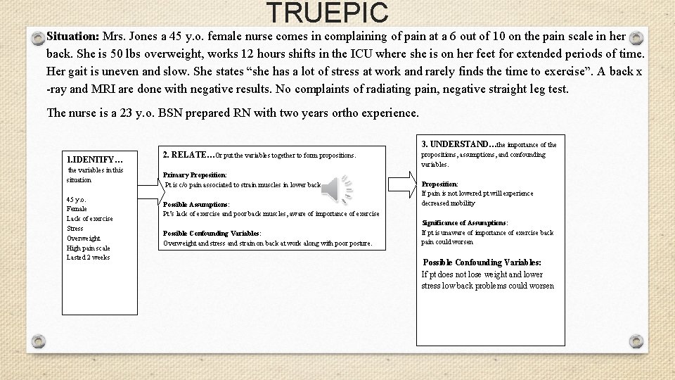 TRUEPIC Situation: Mrs. Jones a 45 y. o. female nurse comes in complaining of