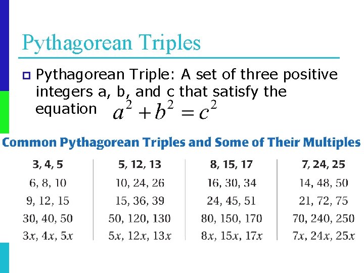 Pythagorean Triples p Pythagorean Triple: A set of three positive integers a, b, and