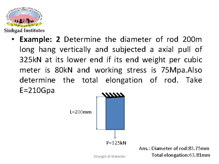  • Example: 2 Determine the diameter of rod 200 m long hang vertically