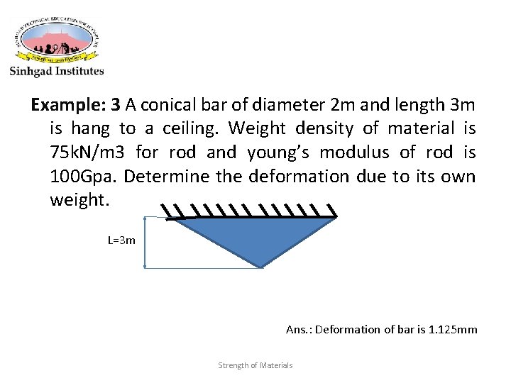 Example: 3 A conical bar of diameter 2 m and length 3 m is