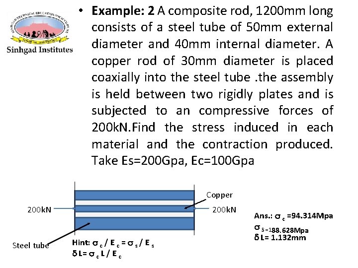  • Example: 2 A composite rod, 1200 mm long consists of a steel