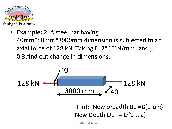  • Example: 2 A steel bar having 40 mm*3000 mm dimension is subjected