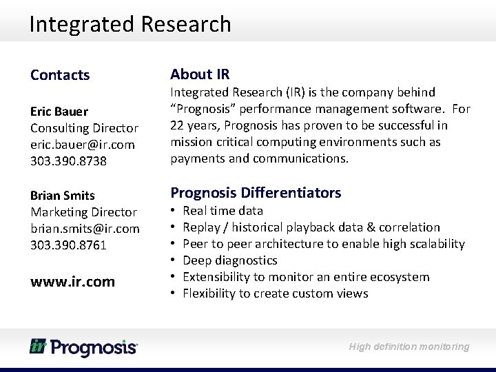 Integrated Research Contacts Eric Bauer Consulting Director eric. bauer@ir. com 303. 390. 8738 Brian