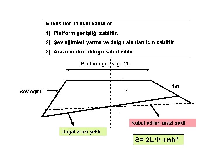 Enkesitler ile ilgili kabuller 1) Platform genişliği sabittir. 2) Şev eğimleri yarma ve dolgu