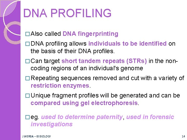 DNA PROFILING � Also called DNA fingerprinting � DNA profiling allows individuals to be