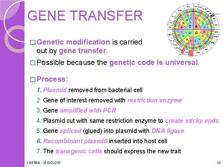 GENE TRANSFER � Genetic modification is carried out by gene transfer. � Possible because