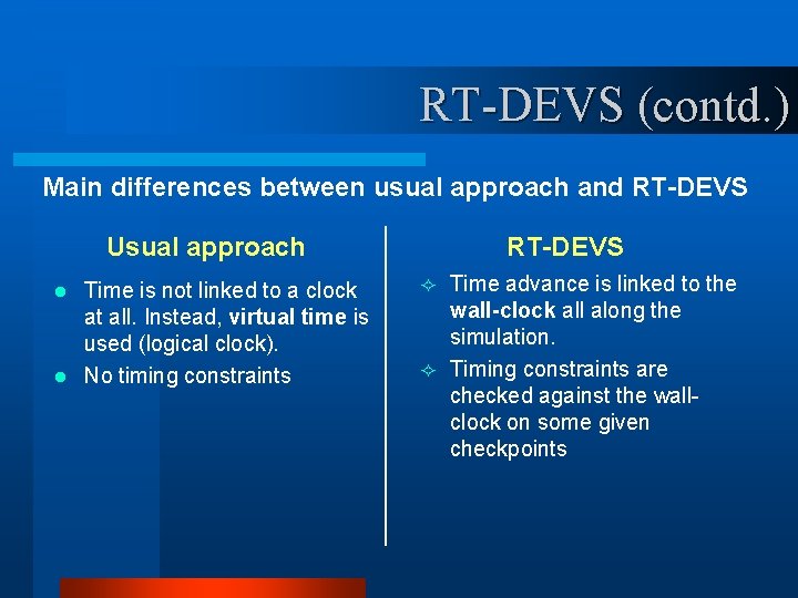 RT-DEVS (contd. ) Main differences between usual approach and RT-DEVS Usual approach Time is