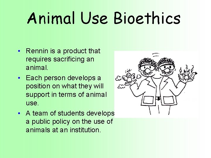 Animal Use Bioethics • Rennin is a product that requires sacrificing an animal. •