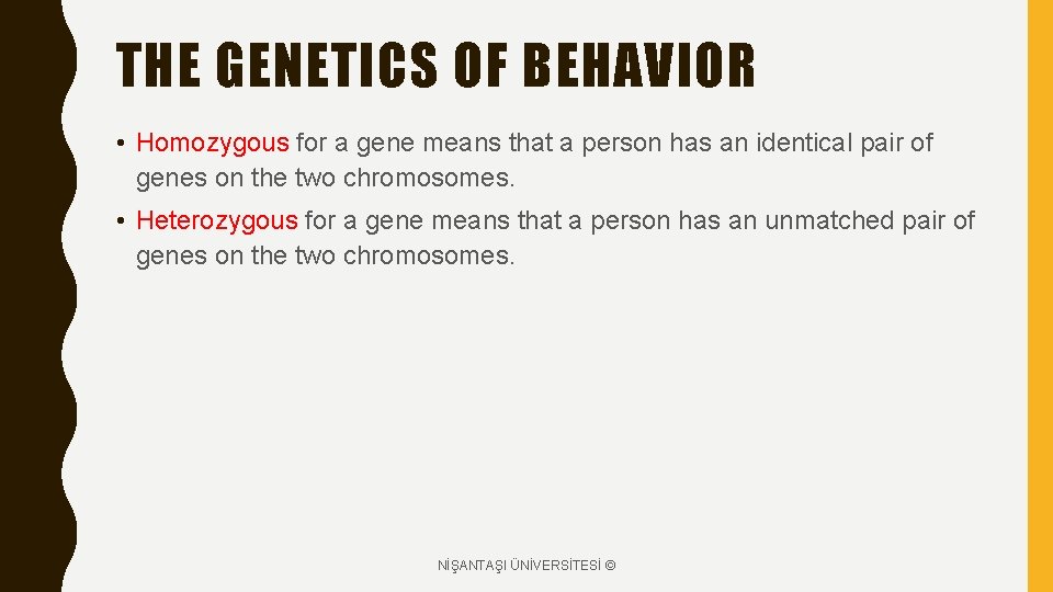 THE GENETICS OF BEHAVIOR • Homozygous for a gene means that a person has