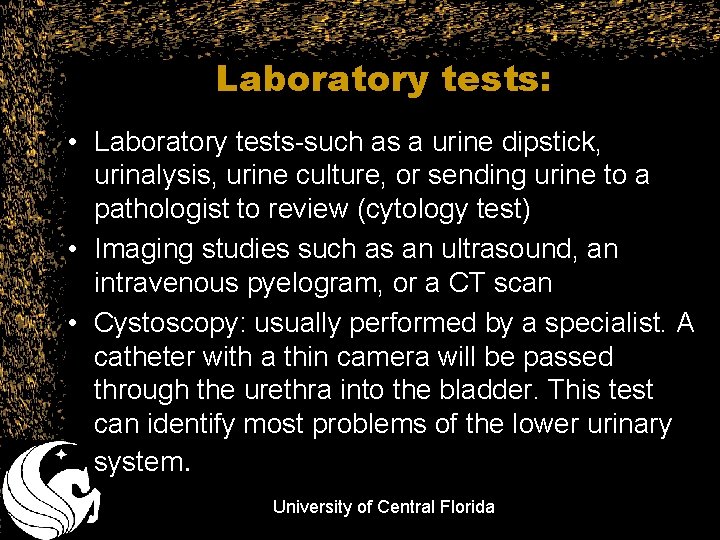 Laboratory tests: • Laboratory tests-such as a urine dipstick, urinalysis, urine culture, or sending