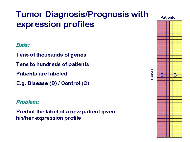 Tumor Diagnosis/Prognosis with expression profiles Patients Data: Tens of thousands of genes Patients are