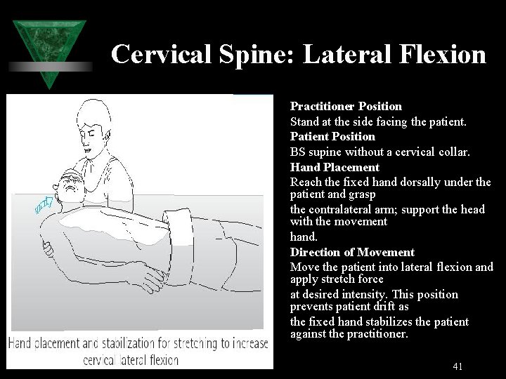 Cervical Spine: Lateral Flexion Practitioner Position Stand at the side facing the patient. Patient