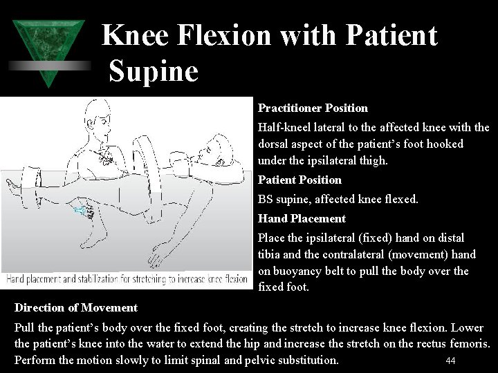 Knee Flexion with Patient Supine Practitioner Position Half-kneel lateral to the affected knee with