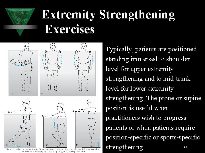 Extremity Strengthening Exercises Typically, patients are positioned standing immersed to shoulder level for upper