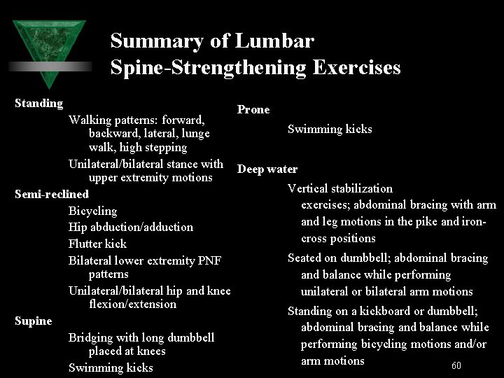 Summary of Lumbar Spine-Strengthening Exercises Standing Prone Walking patterns: forward, Swimming kicks backward, lateral,