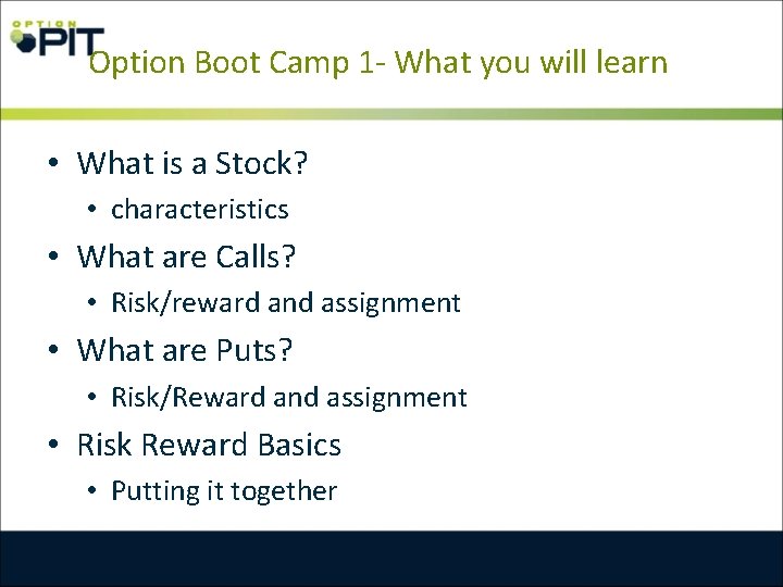 Option Boot Camp 1 - What you will learn • What is a Stock?