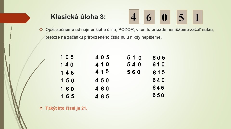 Klasická úloha 3: 4 6 0 5 1 Opäť začneme od najmenšieho čísla, POZOR,