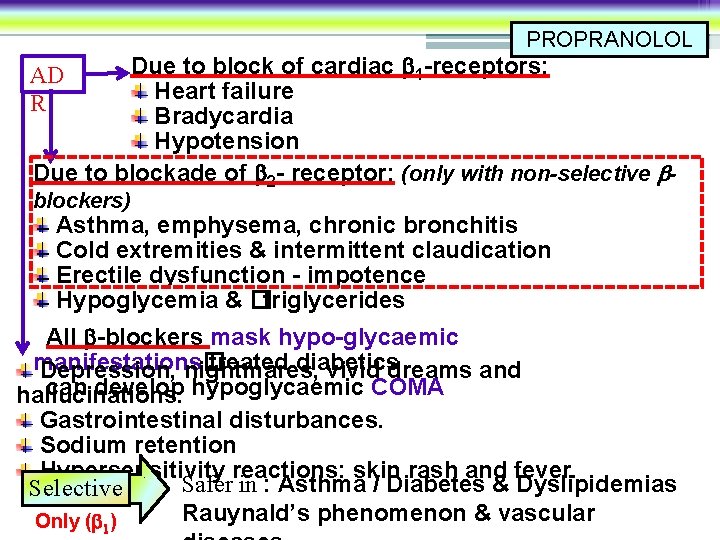 PROPRANOLOL Due to block of cardiac 1 -receptors: Heart failure Bradycardia Hypotension Due to