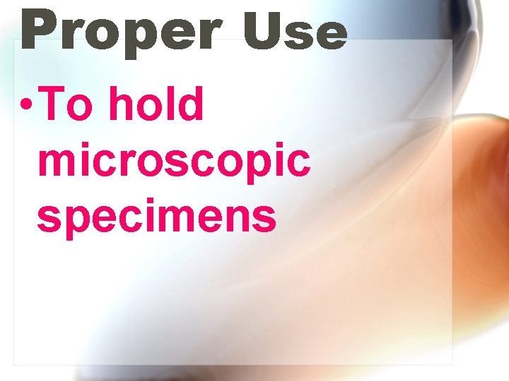 Proper Use • To hold microscopic specimens 