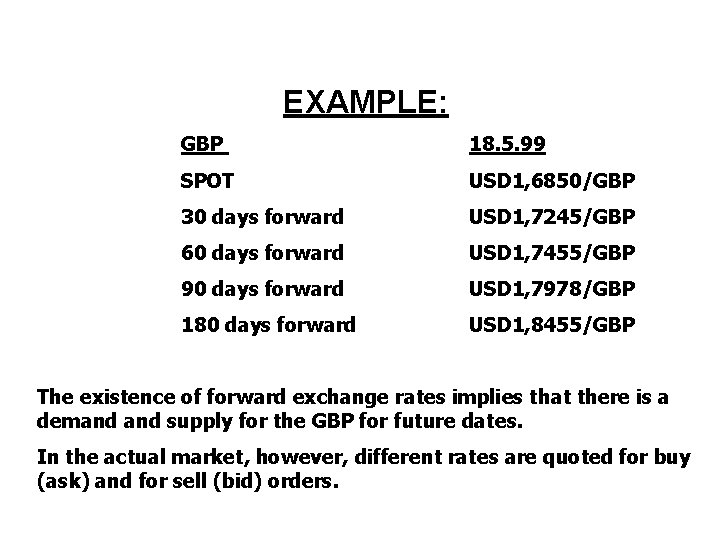 EXAMPLE: GBP 18. 5. 99 SPOT USD 1, 6850/GBP 30 days forward USD 1,