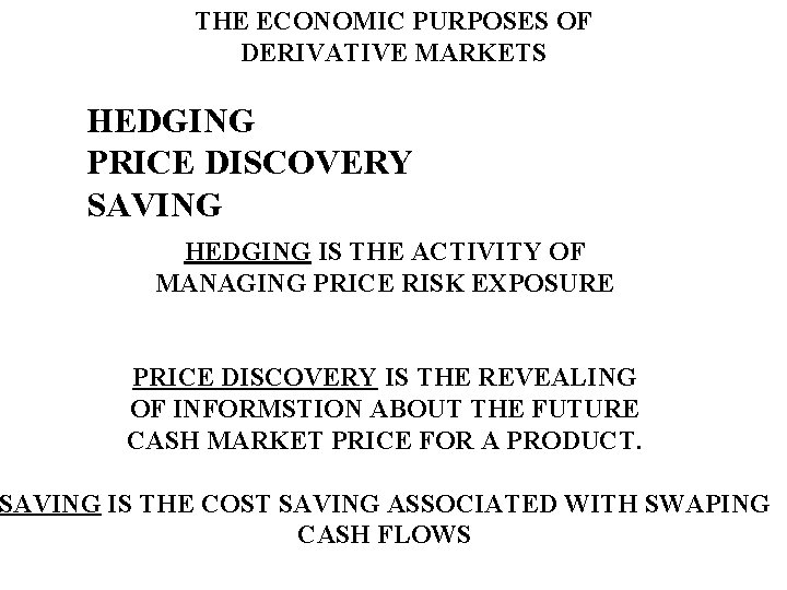 THE ECONOMIC PURPOSES OF DERIVATIVE MARKETS HEDGING PRICE DISCOVERY SAVING HEDGING IS THE ACTIVITY
