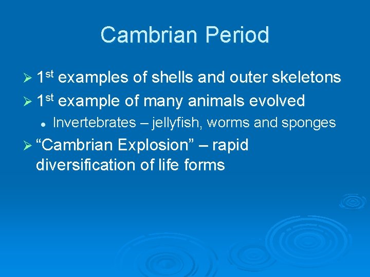 Cambrian Period Ø 1 st examples of shells and outer skeletons Ø 1 st