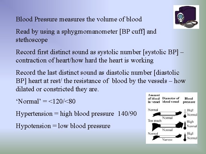 Blood Pressure measures the volume of blood Read by using a sphygmomanometer [BP cuff]
