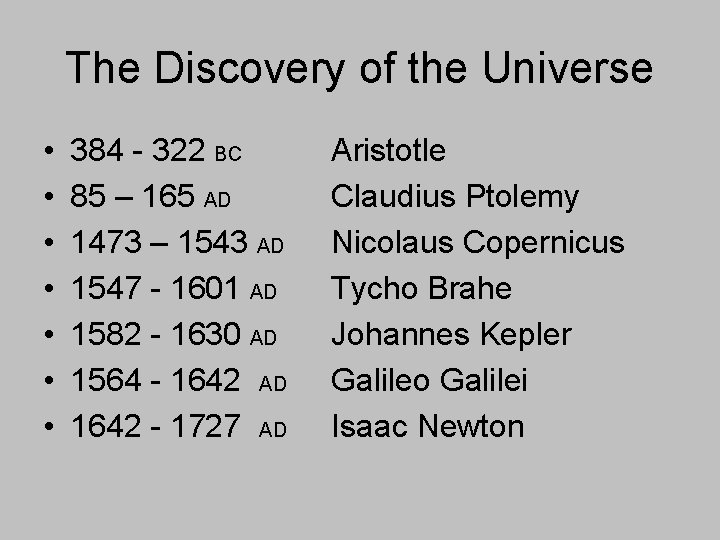 The Discovery of the Universe • • 384 - 322 BC 85 – 165