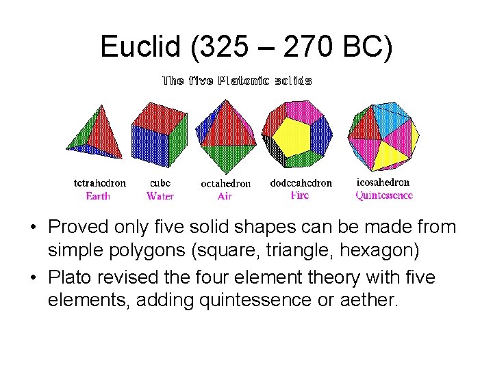 Euclid (325 – 270 BC) • Proved only five solid shapes can be made