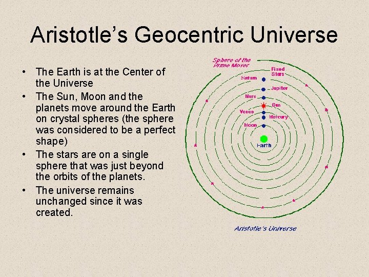 Aristotle’s Geocentric Universe • The Earth is at the Center of the Universe •