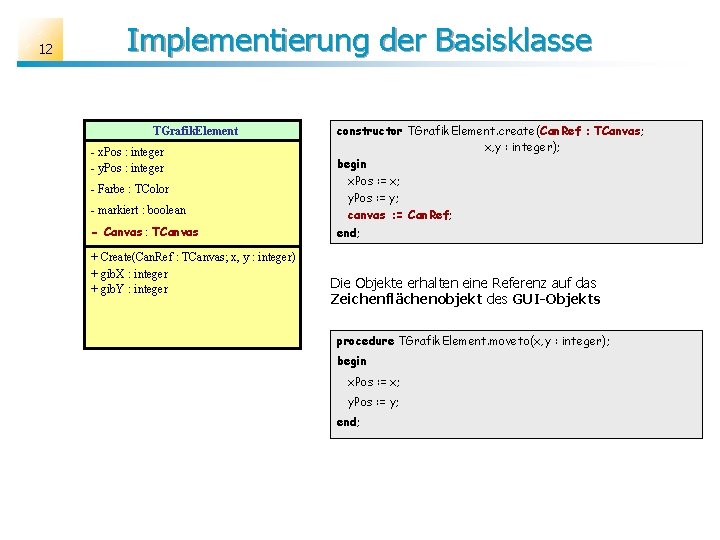 12 Implementierung der Basisklasse TGrafik. Element - x. Pos : integer - y. Pos