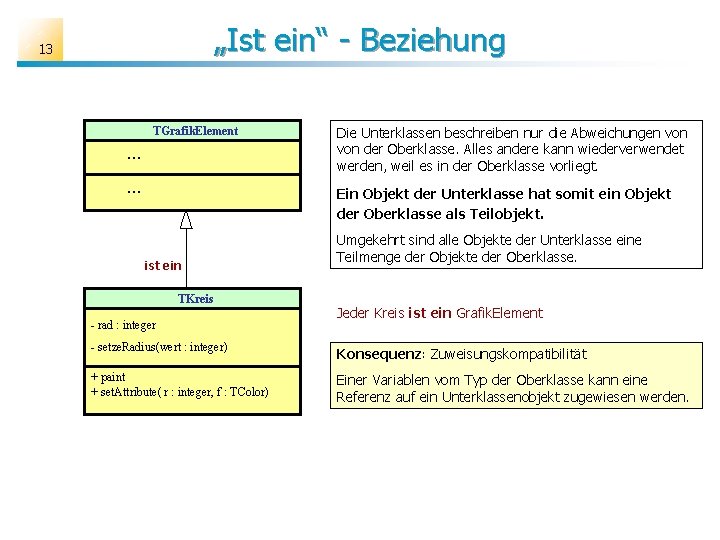 „Ist ein“ - Beziehung 13 TGrafik. Element . . . Die Unterklassen beschreiben nur