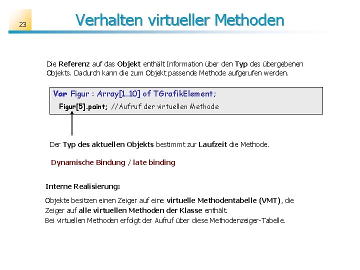 23 Verhalten virtueller Methoden Die Referenz auf das Objekt enthält Information über den Typ