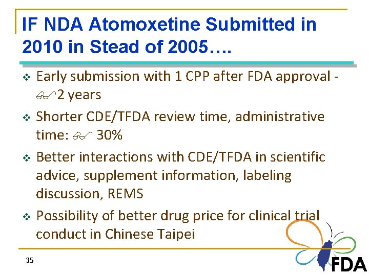 IF NDA Atomoxetine Submitted in 2010 in Stead of 2005…. v v 35 Early