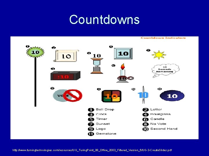 Countdowns http: //www. turningtechnologies. com/resources/UG_Turing. Point_08_Office_2003_Filtered_Version_6/UG-3 -Create. Slides. pdf 